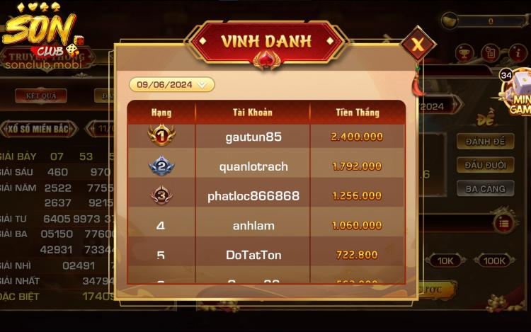 Bảng Vàng Thống Kê Người Chơi Thắng Cược Lô Đề Tại Sonclub