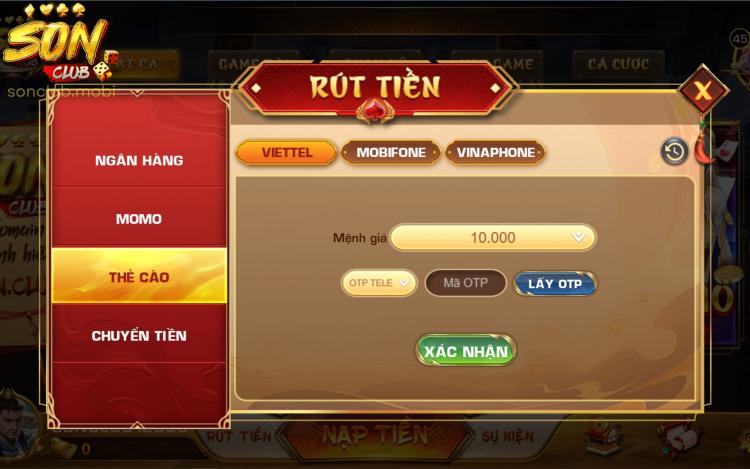 Rút tiền tại cổng game Sonclub bằng thẻ cào điện thoại
