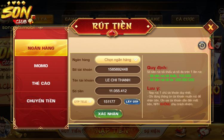 Rút tiền tại Sonclub bằng ngân hàng