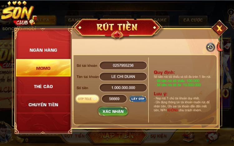 Rút tiền tại Sonclub bằng ví điện tử